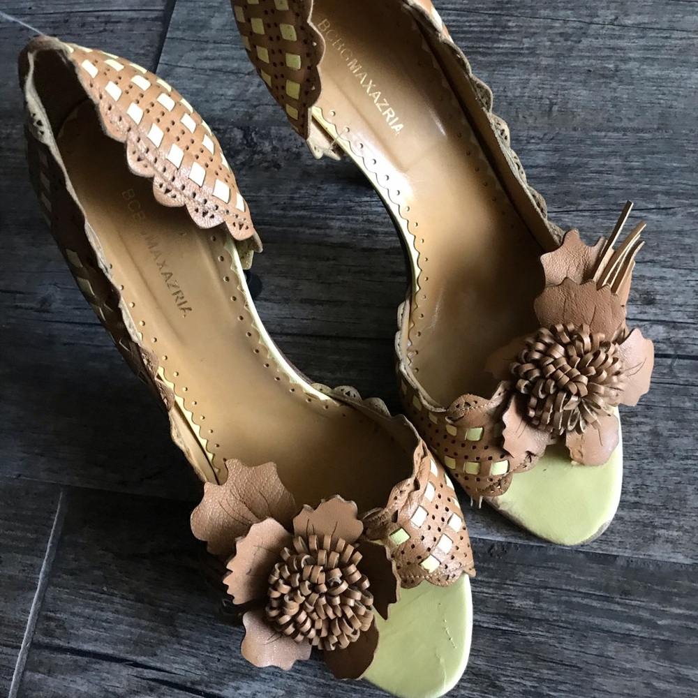 BCBG flower leather heels